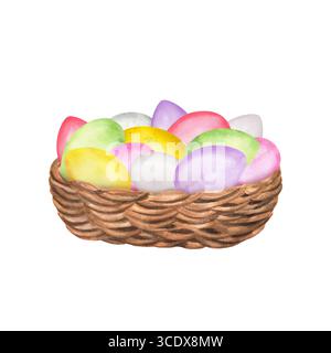 Uova di Pasqua di colore giallo, viola, verde, rosa e bianco in un cestino di vimini. Buon clipart del cibo di Pasqua. Decorazioni colorate. Illustrati disegnati a mano Foto Stock