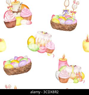 Motivo senza cuciture con uova colorate acquerello in un cestino, torta ghiacciata, coniglietto pasquale e cupcake. Candela rosa. Buona Pasqua. Illustratore disegnato a mano Foto Stock