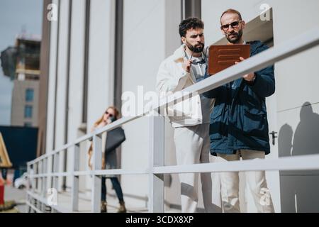 Due colleghi discutono di lavoro su un tablet all'aperto Foto Stock