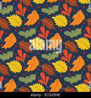 Foresta autunnale senza cuciture con foglie d'albero colorate e mirtilli rossi. Accogliente atmosfera autunnale. Stampa naturale del fogliame per tessuti Illustrazione Vettoriale