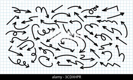 Serie di linee frecce nere disegnate a mano. Icone delle frecce semplici. Raccolta di campioni curvi, doodle, zigzag. Linee sottili del cursore a freccia direzionale piatta Illustrazione Vettoriale
