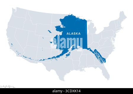 Alaska, confronto dimensioni, mappa. Stato americano dell'Alaska, rispetto agli stati contigui. Di gran lunga il più grande stato degli Stati Uniti. Foto Stock