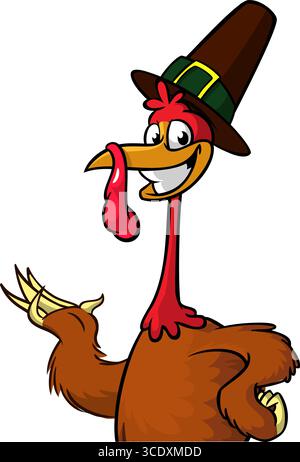 Cartoni animati felice grazioso tacchino di ringraziamento che indossa il cappello da pellegrino. Illustrazione vettoriale isolata. Design per il giorno del Ringraziamento Illustrazione Vettoriale