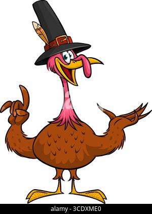 Cartoni animati felice grazioso tacchino di ringraziamento che indossa il cappello da pellegrino. Illustrazione vettoriale isolata. Design per il giorno del Ringraziamento Illustrazione Vettoriale