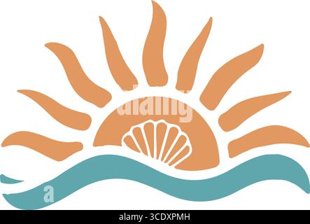 Un logo per la scena da spiaggia per i viaggi Illustrazione Vettoriale
