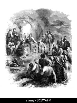 Illustrazione di Cristo che consegna il suo sermone sul Monte (Matteo) dall'Antico XIX secolo la Sacra Bibbia contenente l'Antico e il nuovo Testamento arguzia Foto Stock