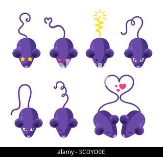 Set di caratteri mouse in stile piatto. Raccolta di emoji mascotte di topo o ratto. Mouse giocattolo. Illustrazione vettoriale Illustrazione Vettoriale