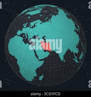 Repubblica Islamica dell'Iran su Globe. Look vintage con texture graffiata graffiata. Vista del paese sulla mappa del mondo con tavolozza di colori Turchese Dark Charcoal. Illustrazione Vettoriale