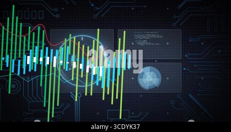 Visualizzazione delle barre multicolore del portacandele sul cruscotto con linea rossa, codice, pannelli radar, griglia dei circuiti. Tecnologia, analisi, visualizzazione dei dati, digitalizzazione Foto Stock