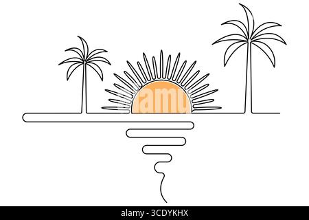 Disegno continuo a una linea al tramonto in stile minimalista illustrazione isolata del contorno Illustrazione Vettoriale
