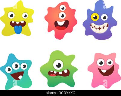Simpatici mostri cartoni animati con diverse espressioni del volto. Set di personaggi dei batteri dei cartoni animati. Design di Halloween per la decorazione delle feste, design delle confezioni Illustrazione Vettoriale
