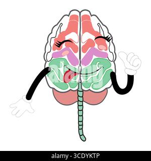 Simpatico personaggio della mascotte Brain, felice illustrazione del cervello dei cartoni animati. Mano ondulata, divertente illustrazione della mascotte, simbolo educativo, organo carino, idea intelligente Illustrazione Vettoriale
