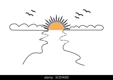 Disegno continuo a una linea al tramonto in stile minimalista illustrazione isolata del contorno Illustrazione Vettoriale