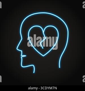 Trauma psicologico icona della linea al neon. Testa con il simbolo del cuore spezzato. Illustrazione vettoriale Illustrazione Vettoriale