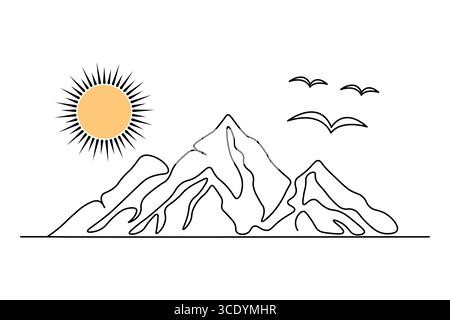 Disegno continuo a una linea al tramonto in stile minimalista illustrazione isolata del contorno Illustrazione Vettoriale