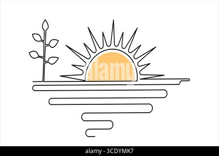 Disegno continuo a una linea al tramonto in stile minimalista illustrazione isolata del contorno Illustrazione Vettoriale