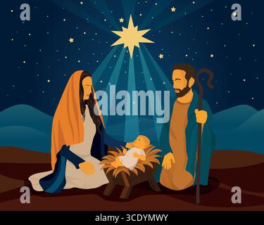 La Sacra famiglia sotto la luminosa Stella di Betlemme in un sereno presepe natalizio Illustrazione Vettoriale