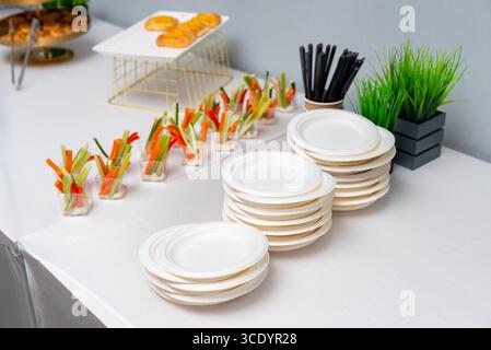 Un tavolo a buffet ordinato con pila di piatti bianchi, un assortimento di antipasti di verdure fresche e un tocco di verde. ambiente perfetto Foto Stock