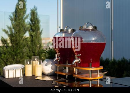 Due grandi erogatori di vetro riempiti di succo rosso sono disposti all'aperto in una giornata di sole. la scena include occhiali e vegetazione, suggerendo un rinfrescante Foto Stock
