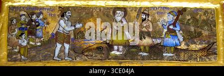 Pittura murale raffigurante Guru Nanak, Bhai Bala e Bhai Mardana sulla cima di un grande pesce di Takht Hazur Sahib, Nanded. Foto Stock