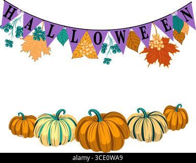 Decorazioni di Halloween con zucche e illustrazione vettoriale delle foglie d'autunno Illustrazione Vettoriale