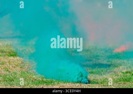 Bomba fumo color turchese su un campo verde Foto Stock