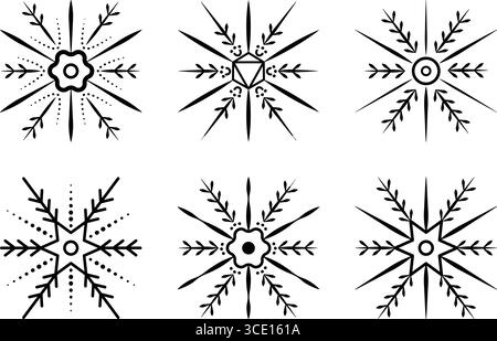 Set di fiocchi di neve monocromatici neri, segni vettoriali in diverse varianti, collezione invernale Illustrazione Vettoriale