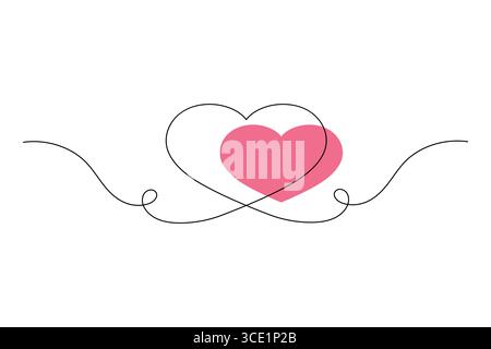 Disegno minimalista a linea singola a doppio cuore del simbolo dell'amore. Illustrazione Vettoriale