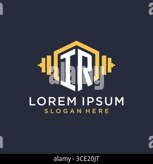 Design iniziale del logo IR per il centro fitness con grafica vettoriale in stile geometrico a manubrio creativo Illustrazione Vettoriale