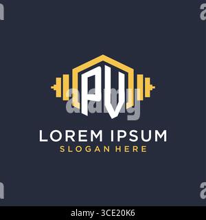 Design iniziale del logo FV per il centro fitness con grafica vettoriale in stile geometrico a manubrio creativo Illustrazione Vettoriale