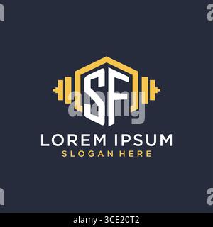 Design iniziale del logo SF per il centro fitness con grafica vettoriale creativa in stile geometrico a manubrio Illustrazione Vettoriale