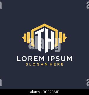 Design iniziale del logo TH per il centro fitness con grafica vettoriale creativa in stile geometrico a manubrio Illustrazione Vettoriale