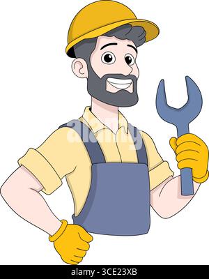 Allegro meccanico maschile cartoni animati con barba che indossa un elmetto giallo, una camicia gialla, tute blu e guanti, tenendo una chiave grande, perfetto per labo Illustrazione Vettoriale
