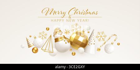 Elegante illustrazione vettoriale delle decorazioni natalizie dorate e bianche con pupazzo di neve, ornamenti e fiocchi di neve, visualizzate su uno sfondo minimalista Illustrazione Vettoriale