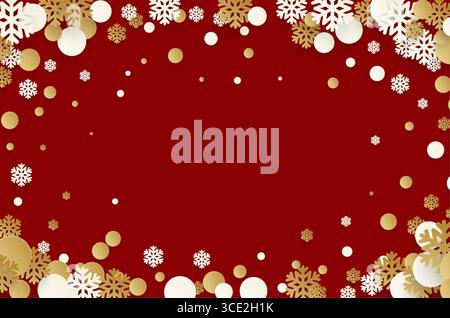 Illustrazione vettoriale di uno sfondo a tema natalizio con fiocchi di neve dorati e bianchi su una tela rossa che offre un design stagionale ed elegante Illustrazione Vettoriale