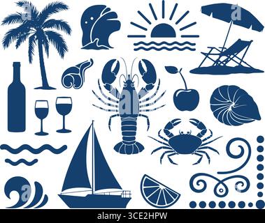 set di sagome per la spiaggia e l'estate: delfini, palme, barca a vela, ombrello, frutta e molto altro Illustrazione Vettoriale