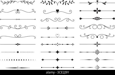 20 divisori orizzontali decorativi con vortici, cuori, foglie, punti e forme geometriche Illustrazione Vettoriale