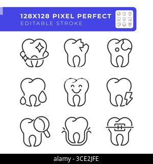 Set di icone linea pixel Perfect per servizi dentistici Illustrazione Vettoriale