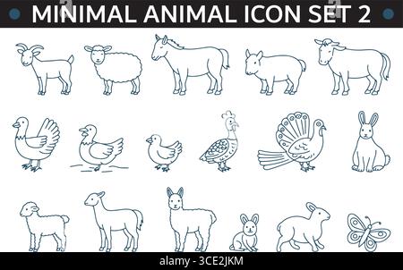 set di icone animali minimo con 16 animali da fattoria e animali selvatici in tre file Illustrazione Vettoriale