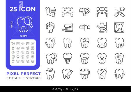 Set icone linea perfetta pixel dentale Illustrazione Vettoriale
