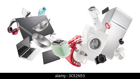 Acquisto di prodotti elettronici e di elettrodomestici. Gruppo di elettrodomestici e dispositivi elettronici per la casa e la cucina. Le migliori offerte e vendite in superm Foto Stock