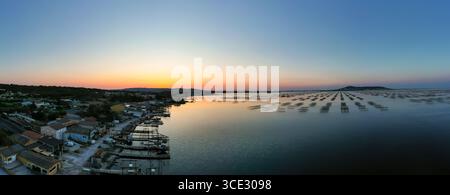 Vista panoramica dell'alba sulla laguna di Thau, sulle fattorie di ostriche e sui loro tavoli. Foto Stock