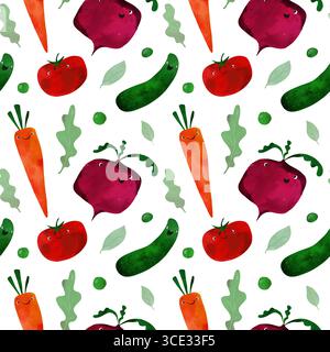 Graziose verdure disegnate a mano con facce sorridenti: Carote, barbabietole, pomodori, cetrioli, piselli, e se ne va. Ideale per libri per bambini e materiale didattico Foto Stock