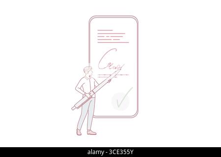 Firma elettronica e concetto di tecnologie. Piccolo uomo in piedi tenendo la penna grande nelle sue mani rendendo firma carta on-line sullo schermo smartphone illustrazione vettoriale Illustrazione Vettoriale