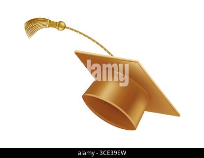 Festeggiamenti per i laureati. Cappelli da laurea dorati con nappine. Illustrazione Vettoriale