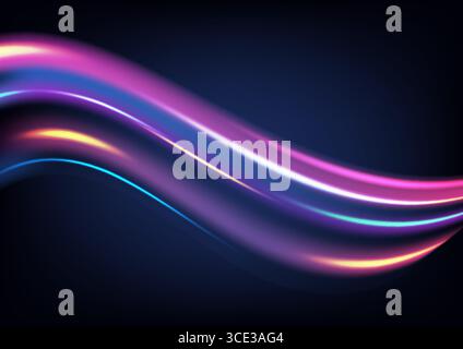 Sfondo futuristico astratto con onde al neon, gradiente luminoso dal blu al rosa, movimento fluido e curve luminose, tecnologia moderna visiva Illustrazione Vettoriale