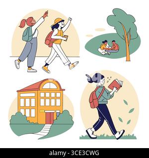 illustrazione vettoriale di persone che amano le attività di svago in un parco e leggono in un ambiente tranquillo Illustrazione Vettoriale