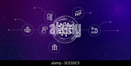 Intelligenza artificiale nella finanza e nel profilo degli investimenti icone che rappresentano la crescita finanziaria grafici azionari bancari e fintech degli investimenti Illustrazione Vettoriale