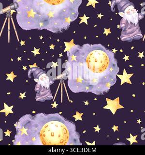 L'astronomo GNOME guarda attraverso il telescopio il cielo stellato della notte di luna, con un motivo senza cuciture ad acquerello per il design dei bambini. Elfi illustrativi disegnati a mano da Foto Stock