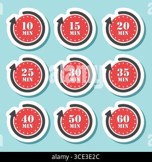 Da 10 minuti a 60 minuti sull'icona dell'adesivo del cronometro in stile piatto. Illustrazione vettoriale del timer del quadrante dell'orologio su sfondo isolato. Insegna per il conto alla rovescia Illustrazione Vettoriale